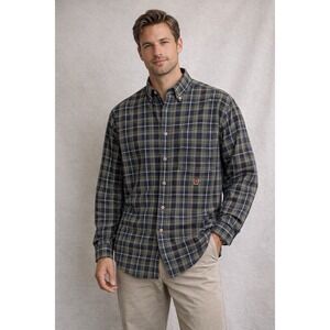 Vtg 90s Tommy Hilfiger Medium Heavyweight Collared Button Down Shirt Plaid Green